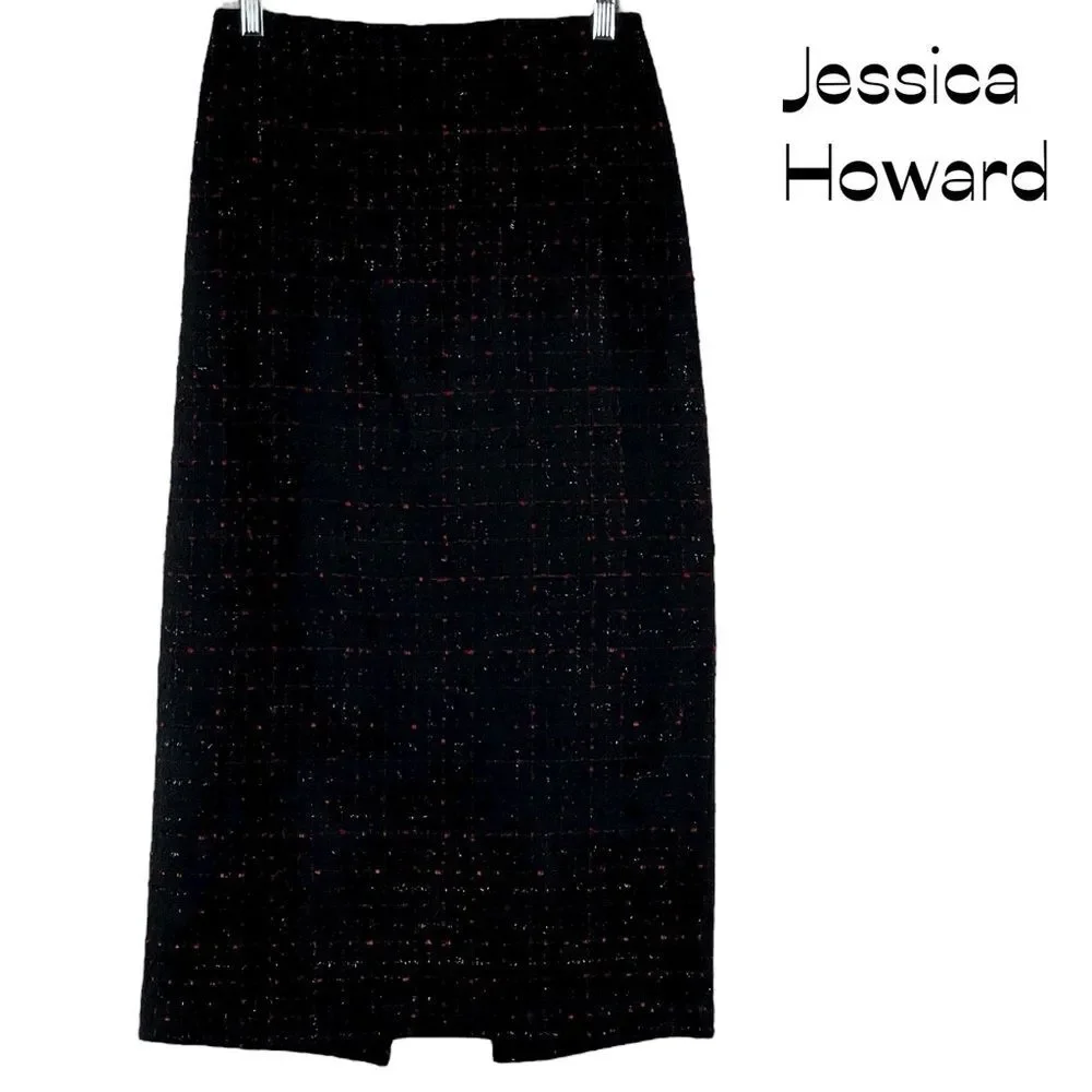 Jessica Howard Black Red Tweed Midi Skirt NWOT Size 6 Retro Chic